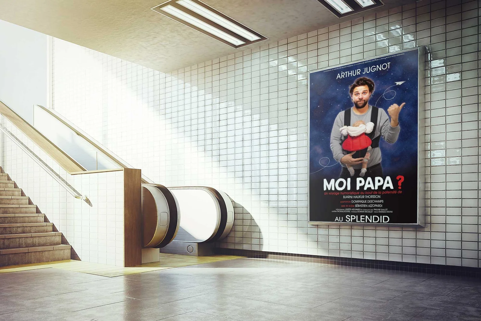 Affiche dans le métro de "Moi Papa ?" avec Arthur Jugnot, de Bjarni Haukur Thorsson