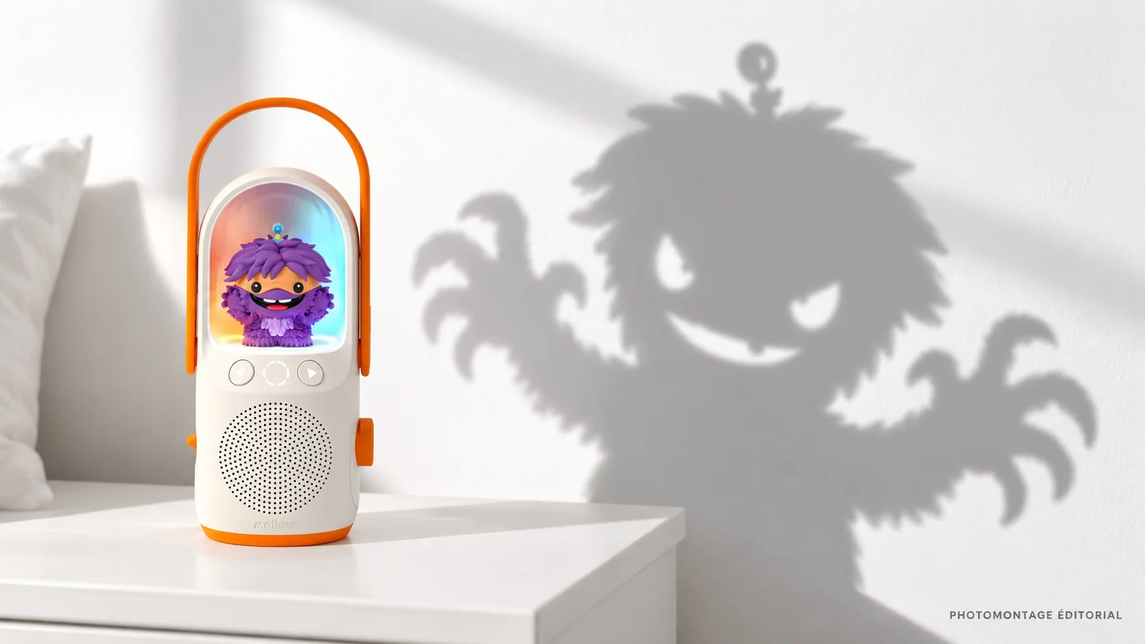 Photomontage satirique : l’enceinte Mallow et sa figurine souriante projettent une grande ombre menaçante sur un mur.